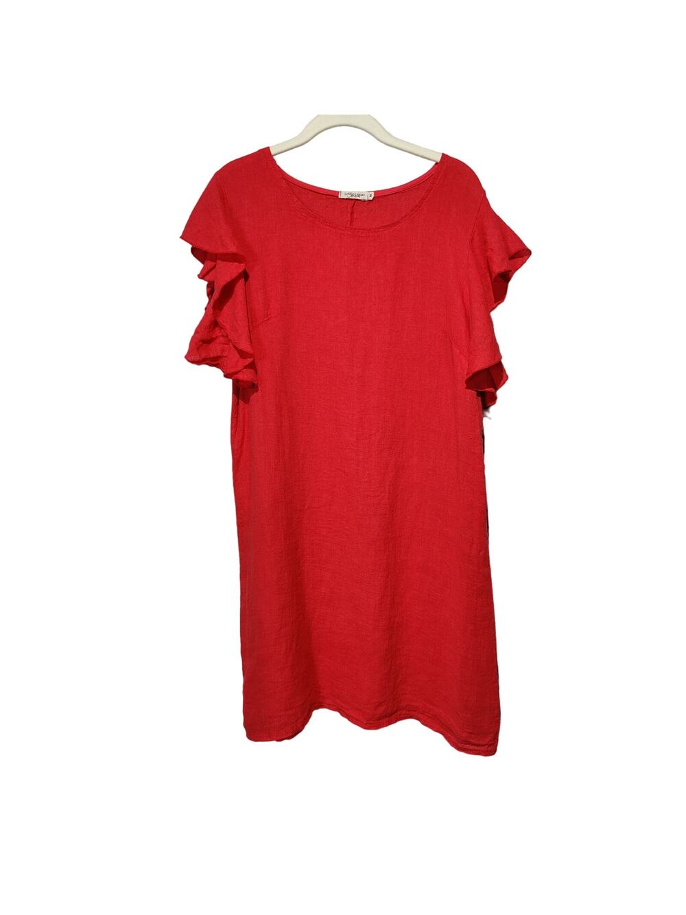 Lungo L'Arno Sz M 100% Linen Made in Italy Bright Pink Shift Dress Ruffle Sleeve